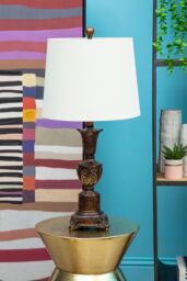 Orsina Neoclassical Bronze Table Lamp, Ornate Fleur-de-Lis Base & Grey Linen Shade, Lighting for Living Room in White - thumbnail 2