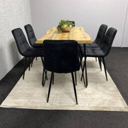 KOSY KOALA Wooden Dining Table & 6 Black Velvet Chairs - Stylish Dining Room Furniture in Brown