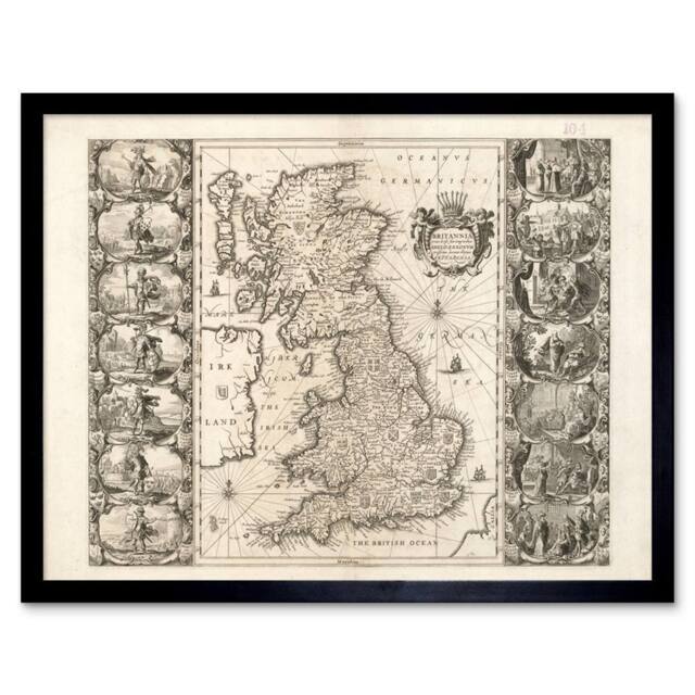 "Artery8 Jansson 17th Century Anglo Saxon Map Britain 12x16"" Framed Art Print in Beige - Size: W12"" x H16""" - image 1