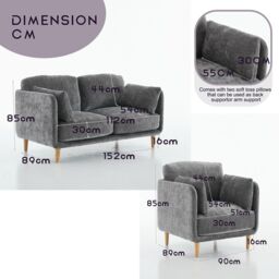 FURNITURE ONE Velvet Upholstered Sofa Set, Sectional Couch Suite-1+2 Set in Grey - Size: 1 Pack - thumbnail 4