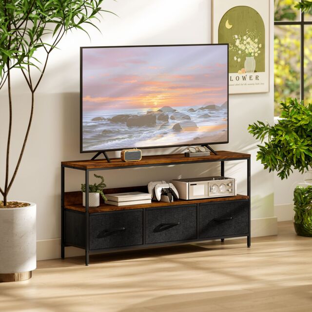 HOMCOM TV Cabinet, TV Console Unit with 3 Foldable Linen Drawers Brown - image 1