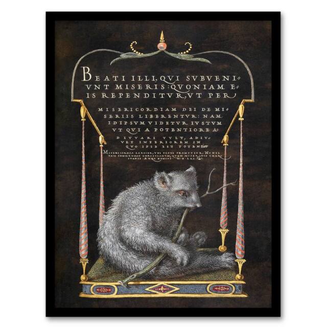 Artery8 Joris Hoefnagel Framed Wall Art Latin Beatitudes with Sloth Illustration in Black - Size: A4 - image 1