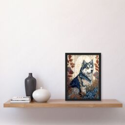 Artery8 Siberian Husky Dog in Autumn Flower Field Modern Art Nouveau Illustration Artwork Framed Wall Art Print A4 in Black - thumbnail 2