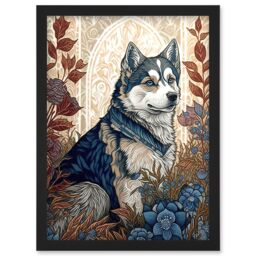 Artery8 Siberian Husky Dog in Autumn Flower Field Modern Art Nouveau Illustration Artwork Framed Wall Art Print A4 in Black - thumbnail 1