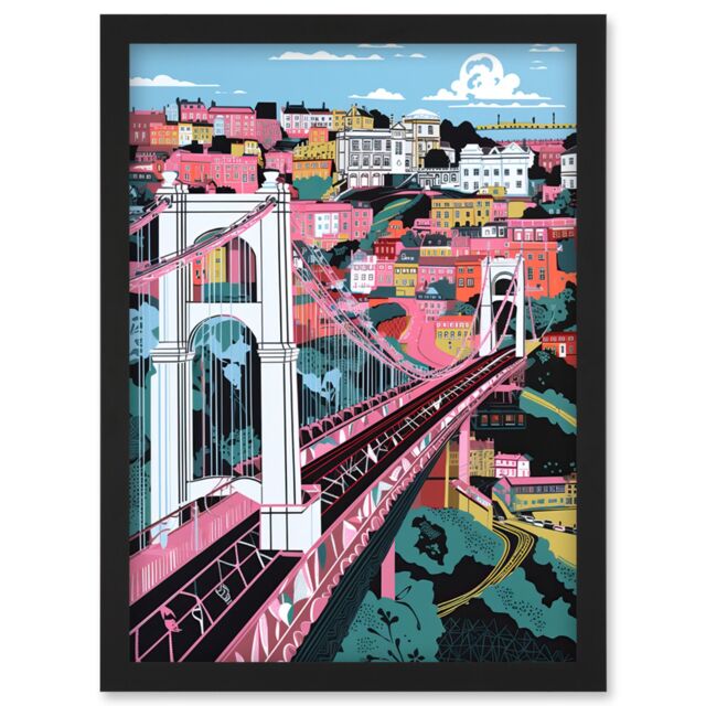 Artery8 Clifton Suspension Bridge Pink & Teal Cityscape Artwork Framed Wall Art Print A4 in Black - image 1