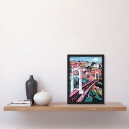 Artery8 Clifton Suspension Bridge Pink & Teal Cityscape Artwork Framed Wall Art Print A4 in Black - thumbnail 2