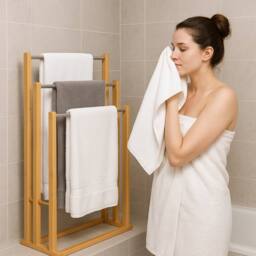 EONLION 3 Tier Towel Rail with Steel Rod Towel Rail Holder Free Standing in Natural - thumbnail 4