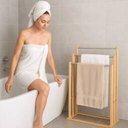 EONLION 3 Tier Towel Rail with Steel Rod Towel Rail Holder Free Standing in Natural - thumbnail 5