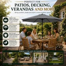 Glamhaus Dark Grey Garden Table Parasol Crank Handle Waterproof Umbrella 2.7M - thumbnail 7
