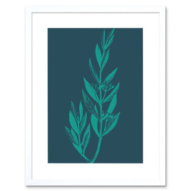 "Artery8 Wall Art Print Navy & Teal Star Flowers Artwork Framed 9X7 Inch in White - Size: W7"" x H9""" - image 1