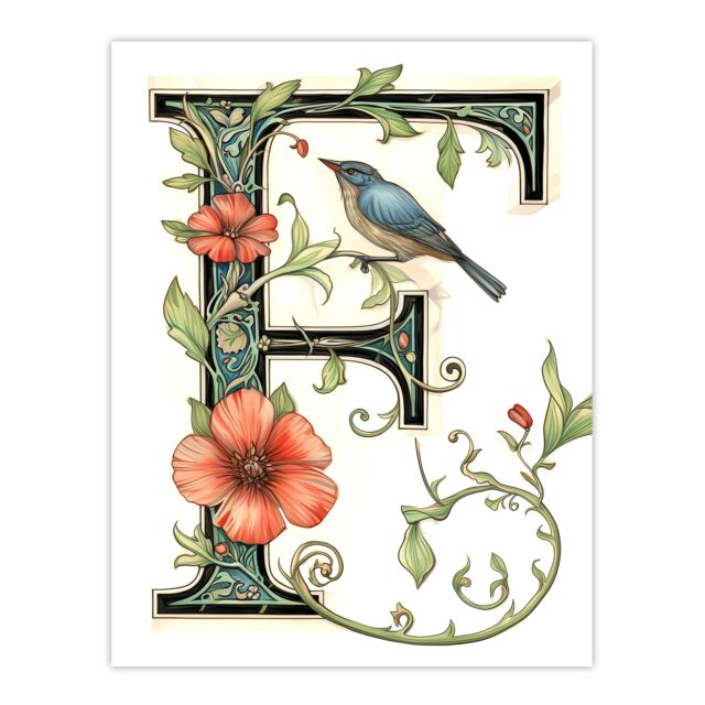 "Artery8 Women's Wall Art Print Letter F in Calligraphy Watercolour Bird Flowers Floral Word Art For Her Poster - Size: W12"" x H16""" - image 1
