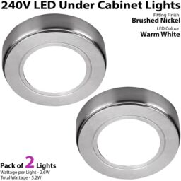 Loops 2x BRUSHED NICKEL Round Surface or Flush Under Cabinet Kitchen Light Kit - 240V Mains Powered - Warm White LED in Metallics - thumbnail 2