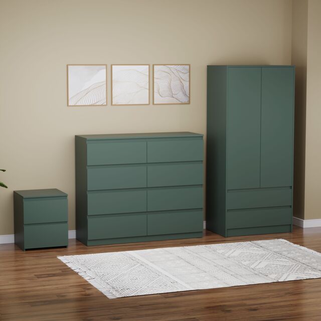 Home Discount Vida Designs Denver Bedroom Set (2 Dr Bedside, 3 Dr Chest, Wardrobe) in Green