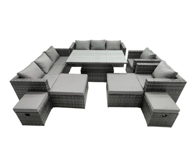 Fimous Rattan Dining Table Sofa Set with 4 Stools Outdoor 12 Seat in Dark Grey - image 1