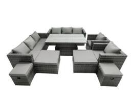 Fimous Rattan Dining Table Sofa Set with 4 Stools Outdoor 12 Seat in Dark Grey - thumbnail 1