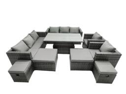 Fimous Rattan Dining Table Sofa Set with 4 Stools Outdoor 12 Seat in Dark Grey - thumbnail 2