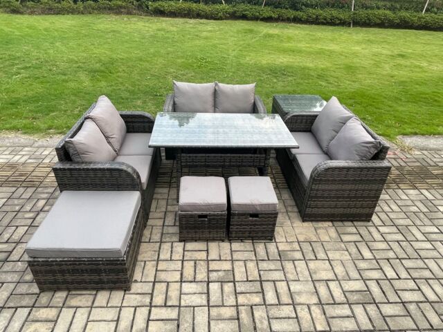 Fimous 9 Seater Outdoor Rattan Garden Furniture Set with Patio Rectangular Dining Table Love Sofa Side Table 3 Footstools Dark Grey Mixed - image 1