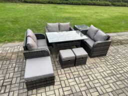 Fimous 9 Seater Outdoor Rattan Garden Furniture Set with Patio Rectangular Dining Table Love Sofa Side Table 3 Footstools Dark Grey Mixed - thumbnail 2