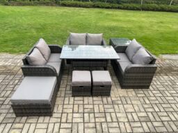 Fimous 9 Seater Outdoor Rattan Garden Furniture Set with Patio Rectangular Dining Table Love Sofa Side Table 3 Footstools Dark Grey Mixed - thumbnail 1
