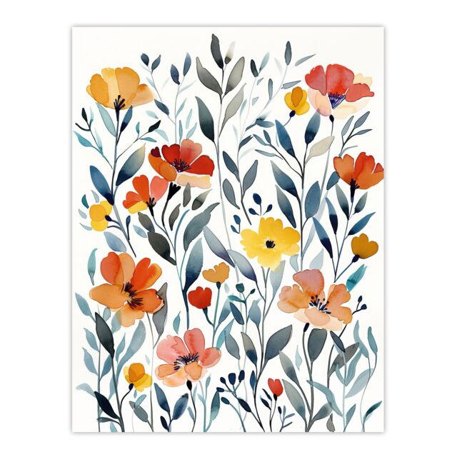 "Artery8 Watercolour Wildflower Field Orange Yellow Floral Wall Art Print - Size: W24"" x H32""" - image 1