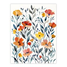 "Artery8 Watercolour Wildflower Field Orange Yellow Floral Wall Art Print - Size: W24"" x H32""" - thumbnail 1