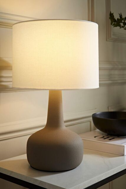 ValueLights Hayley Natural Linen Drum Shade Squat Base Ceramic Stonewear Table Lamp in Grey - image 1
