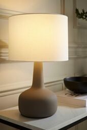 ValueLights Hayley Natural Linen Drum Shade Squat Base Ceramic Stonewear Table Lamp in Grey - thumbnail 1