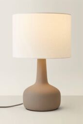 ValueLights Hayley Natural Linen Drum Shade Squat Base Ceramic Stonewear Table Lamp in Grey - thumbnail 3