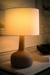 ValueLights Hayley Natural Linen Drum Shade Squat Base Ceramic Stonewear Table Lamp in Grey - thumbnail 2
