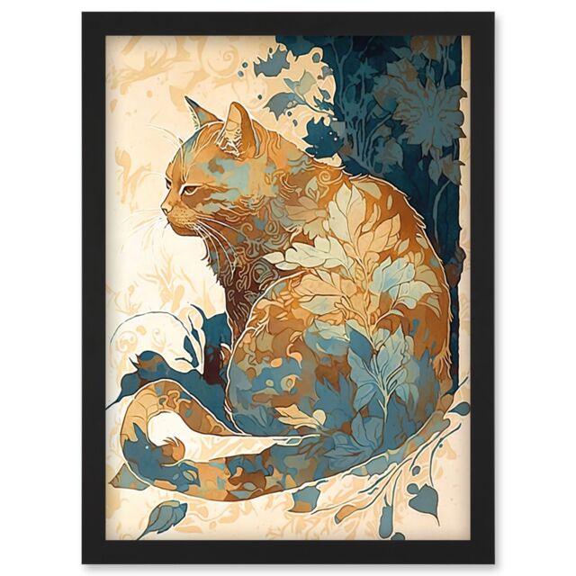 Artery8 Cat with Leaf Pattern Fur Coat Modern Teal & Ochre Illustration Artwork Framed Wall Art Print A4 in Black - image 1
