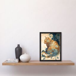 Artery8 Cat with Leaf Pattern Fur Coat Modern Teal & Ochre Illustration Artwork Framed Wall Art Print A4 in Black - thumbnail 2