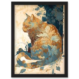 Artery8 Cat with Leaf Pattern Fur Coat Modern Teal & Ochre Illustration Artwork Framed Wall Art Print A4 in Black - thumbnail 1