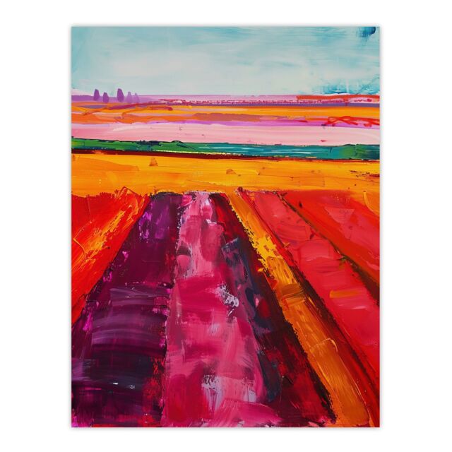 "Artery8 Abstract Red Tulip Fields Oil Painting Pink Bold Wall Art Print in Orange - Size: W24"" x H32""" - image 1