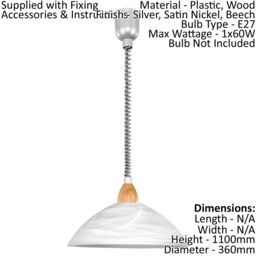 Loops Pendant Light Silver Satin Nickel Beech Shade White Glass Alabaster E27 1x60W in Metallics - thumbnail 2