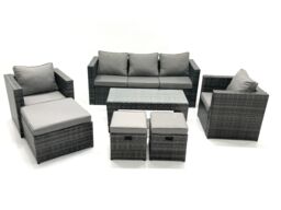 Fimous 8 Seater Rattan Garden Furniture Set Outdoor Lounger Sofa with Coffee Table 2 Armchair 3 Footstools Dark Grey Mixed - thumbnail 2