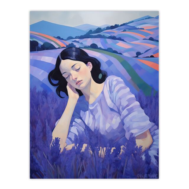 "Artery8 Wall Art Print Dream of Lavender Fields Oil Painting Sleeping Woman in Peaceful Flower Landscape Poster in Purple - Size: W24"" x H32""" - image 1