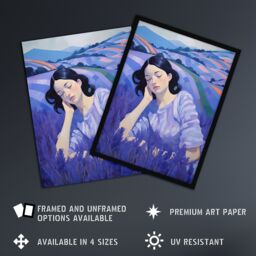 "Artery8 Wall Art Print Dream of Lavender Fields Oil Painting Sleeping Woman in Peaceful Flower Landscape Poster in Purple - Size: W24"" x H32""" - thumbnail 2