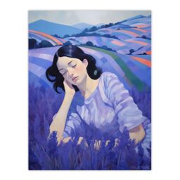 "Artery8 Wall Art Print Dream of Lavender Fields Oil Painting Sleeping Woman in Peaceful Flower Landscape Poster in Purple - Size: W24"" x H32""" - thumbnail 1