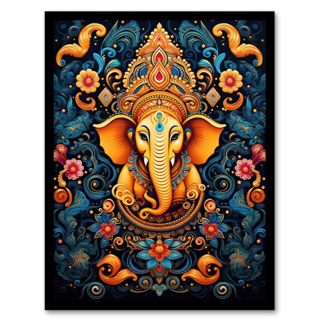 Artery8 Wall Art Print Ganesha & Flowers Hindu Concept Art Orange Blue Vibrant Ornate Floral Pattern Design with Elephant Artwork Framed - Size: A4 - image 1