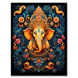 Artery8 Wall Art Print Ganesha & Flowers Hindu Concept Art Orange Blue Vibrant Ornate Floral Pattern Design with Elephant Artwork Framed - Size: A4 - thumbnail 1