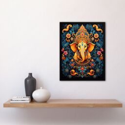 Artery8 Wall Art Print Ganesha & Flowers Hindu Concept Art Orange Blue Vibrant Ornate Floral Pattern Design with Elephant Artwork Framed - Size: A4 - thumbnail 4