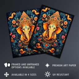 Artery8 Wall Art Print Ganesha & Flowers Hindu Concept Art Orange Blue Vibrant Ornate Floral Pattern Design with Elephant Artwork Framed - Size: A4 - thumbnail 2