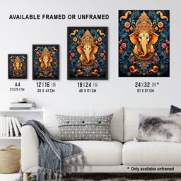 Artery8 Wall Art Print Ganesha & Flowers Hindu Concept Art Orange Blue Vibrant Ornate Floral Pattern Design with Elephant Artwork Framed - Size: A4 - thumbnail 3