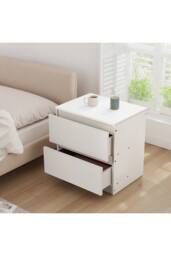 Living and Home 2-Drawer Wooden Nightstand Bedside Table in Warm White - thumbnail 2