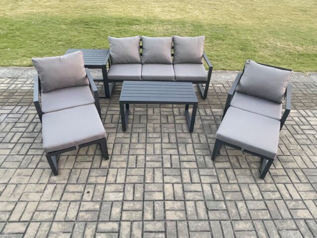 Fimous Aluminium 7 Pieces Garden Furniture Sofa Set with Cushions 7 Seater Outdoor Patio Set with 2 Armchair 2 Big Footstools Side Table Dark Grey - image 1