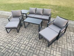 Fimous Aluminium 7 Pieces Garden Furniture Sofa Set with Cushions 7 Seater Outdoor Patio Set with 2 Armchair 2 Big Footstools Side Table Dark Grey - thumbnail 2