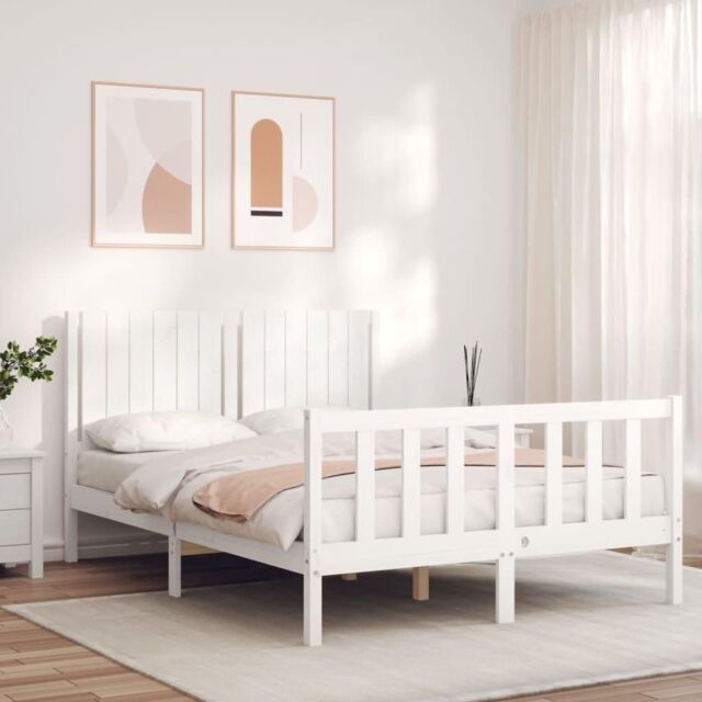Bed Frame with Headboard White Double Solid Wood