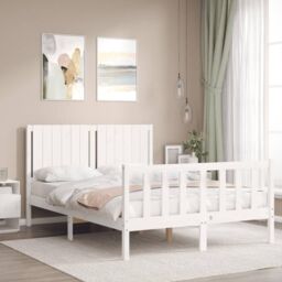 Bed Frame with Headboard White Double Solid Wood - thumbnail 4
