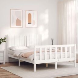 Bed Frame with Headboard White Double Solid Wood - thumbnail 1