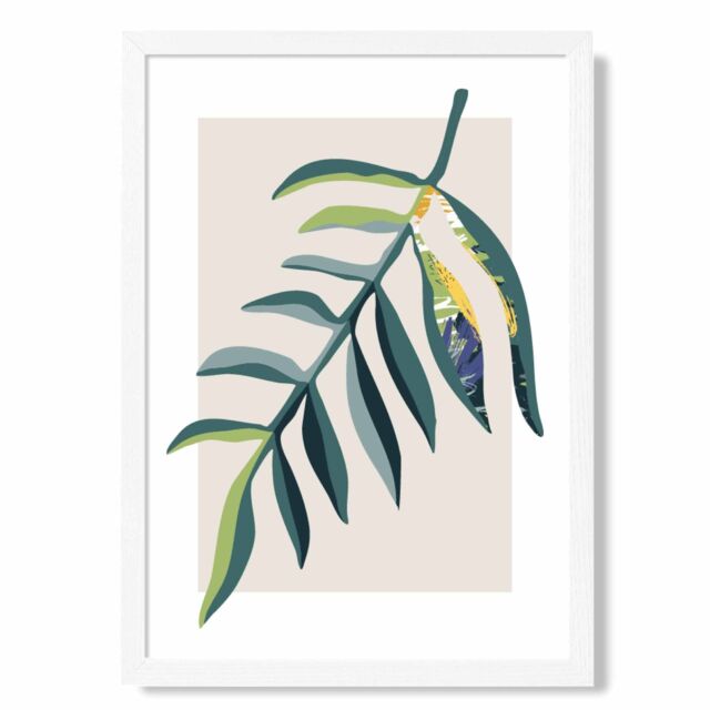 ARTZE Tropical Leaf Teal & Green Mid Century Modern Framed Print SIZE: A2 with White Frame - image 1